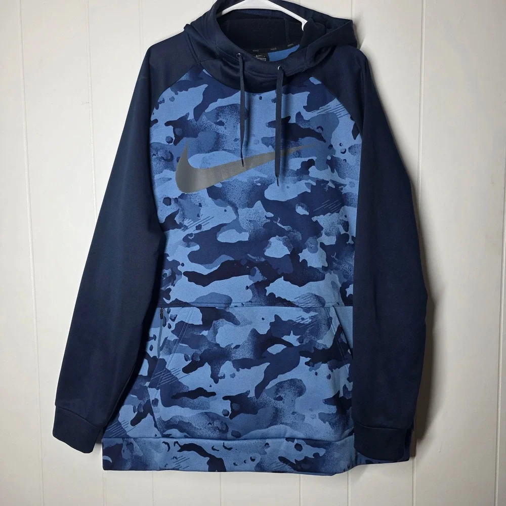 Nike Mens XXL Blue Camo Dri-FIT Hoodie Raglan Pullover Sweatshirt 445591-102931